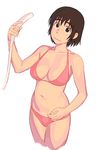  ayase_fuuka bikini breasts brown_eyes brown_hair cleavage cropped_legs eyebrows garichapon large_breasts looking_at_viewer navel red_bikini short_hair shower_head solo swimsuit thick_eyebrows wavy_mouth white_background yotsubato! 