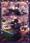  5girls book creamer_(vessel) crown cup dated fairy food glasses hat highres long_hair magic_circle minigirl multiple_girls original pink_hair pocky red_eyes size_difference sugar_bowl sugar_cube sumaki_shungo teacup teapot tray witch_hat 