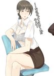  black_bra bra breasts brown_eyes brown_hair chair crossed_legs dress_shirt erection erection_under_clothes large_breasts long_hair ogros original parted_lips ponytail see-through shirt sitting solo_focus translated underwear wet wet_clothes wet_shirt 