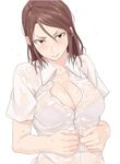  bra breasts brown_eyes brown_hair cleavage dress_shirt large_breasts long_hair looking_at_viewer messy_hair naughty_face ogros original see-through shirt solo sweat unbuttoning underwear undressing wet wet_clothes wet_shirt 