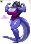  2015 absurd_res alpha_channel anthro big_breasts black_hair blue_skin breasts claws cleavage clothed clothing dragon female flexing hair hi_res hindpaw horn huge_breasts long_hair looking_at_viewer muscular paws purple_eyes scalie smile solo standing swimsuit thick_thighs walter_sache 