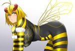  all_fours antenna_hair bad_id bad_pixiv_id black_bodysuit blonde_hair bodysuit breasts covered_nipples hanging_breasts insect_girl koujun_(mugenzero) large_breasts looking_at_viewer original short_hair solo striped_clothes yellow_bodysuit yellow_eyes 