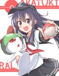  :d akatsuki_(kantai_collection) anchor_symbol black_hair black_skirt flat_cap gen_3_pokemon hat holding holding_poke_ball kantai_collection long_hair long_sleeves moninora open_mouth pleated_skirt poke_ball pokemon pokemon_(creature) ralts school_uniform serafuku skirt smile twitter_username 