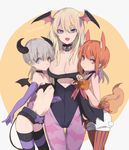  agu animal_print bat_print bismarck_(kantai_collection) blonde_hair blue_eyes breasts brown_eyes colored_stripes cosplay elbow_gloves girl_sandwich gloves grey_hair halloween highres kantai_collection large_breasts leotard long_hair morrigan_aensland morrigan_aensland_(cosplay) multiple_girls pantyhose print_legwear purple_gloves red_hair sandwiched striped striped_legwear thighhighs vampire_(game) vertical-striped_legwear vertical_stripes z1_leberecht_maass_(kantai_collection) z3_max_schultz_(kantai_collection) 