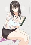  black_hair bra breasts brown_eyes clipboard clothes_writing glasses large_breasts long_hair looking_at_viewer ogros original see-through shirt sitting solo translation_request underwear wet wet_clothes wet_shirt white_bra 