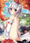  animal_ears ass autumn_leaves back blush breasts covering covering_breasts detached_sleeves hat highres inubashiri_momiji leaf looking_at_viewer maple_leaf medium_breasts nude onsen red_eyes sideboob sitting solo soramuko steam sweatdrop tail tokin_hat touhou water wolf_ears wolf_tail 