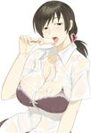  black_bra bra breasts brown_eyes brown_hair cleavage dress_shirt dripping eating food hair_ornament heart heart_hair_ornament large_breasts licking long_hair ogros open_mouth original ponytail popsicle see-through sexually_suggestive shirt solo tongue tongue_out underwear wet wet_clothes wet_shirt 