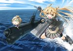  abukuma_(kantai_collection) bike_shorts blonde_hair blue_eyes diving_helmet double_bun fairy_(kantai_collection) flying_sweatdrops green_hair hair_rings helmet kantai_collection long_hair machinery military military_vehicle multiple_girls open_mouth remodel_(kantai_collection) skirt sogabe_toshinori submarine triangle_mouth twitter_username type_a_kou-hyouteki water watercraft 