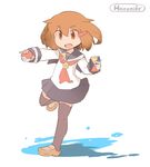  artist_name brown_eyes brown_hair commentary_request fang hair_ornament hairclip hanomido holding holding_poke_ball ikazuchi_(kantai_collection) kantai_collection neckerchief open_mouth outstretched_arm poke_ball pokedex pokemon school_uniform serafuku short_hair skirt solo thighhighs water z_flag 