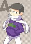  :3 absurdres animal animal_on_shoulder black_hair cat cowboy_shot denim hands_in_pocket highres hood hoodie jeans jewelry looking_to_the_side male_focus matsu_symbol matsuno_ichimatsu messy_hair necklace osomatsu-kun osomatsu-san pants pendant polka_dot polka_dot_background scarf simple_background solo usaponnu 