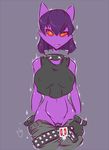  2015 anthro belt clothing collar female gloves grey_background hair haunter looking_at_viewer midriff nintendo nipple_bulge orange_sclera pcaduck pok&eacute;mon purple_body purple_hair pussy shorts simple_background solo spiked_collar undressing video_games violet_(pcaduck) 