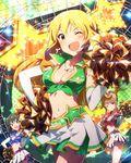  artist_request blonde_hair breasts cheerleader cleavage crop_top earrings front-tie_top green_eyes headset hoshii_miki idolmaster idolmaster_(classic) idolmaster_million_live! jewelry long_hair medium_breasts midriff multiple_girls nagayoshi_subaru navel necklace official_art one_eye_closed open_mouth pendant pom_poms shirt skirt smile tenkuubashi_tomoka tied_shirt 