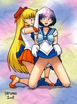  2girls :d aino_minako bishoujo_senshi_sailor_moon blonde_hair blue_eyes blue_hair bottomless bow choker crystal earrings empty_eyes female femdom fingering high_heels hypnosis jewelry kneeling looking_at_another mind_control mizuno_ami multiple_girls open_mouth pussy sailor_mercury sailor_venus short_hair sleepymaid smile super_sailor_venus tiara very_long_hair yuri 