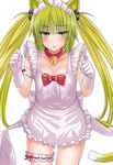  alternate_costume apron arm_garter atalanta_(fate) bad_id bad_pixiv_id bell bell_collar blush bow breasts collar commentary_request demekyon fate/apocrypha fate_(series) gloves green_eyes leg_garter medium_breasts multicolored_hair naked_apron open_mouth solo tail 