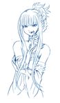  aoki_hagane_no_arpeggio bangs bbb_(friskuser) blue blunt_bangs braid dress finger_to_mouth gloves hair_rings hair_up index_finger_raised kongou_(aoki_hagane_no_arpeggio) lips long_hair looking_at_viewer monochrome partly_fingerless_gloves ponytail simple_background smile solo white_background 