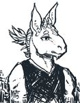  2015 clothing dragon fur furred_dragon half-closed_eyes horn long_ears male monochrome muscular mutisija necklace ponytail portrait shirt simple_background sketch solo tank_top white_background 