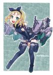  1girl arm_warmers artist_name black_bodysuit blonde_hair bodysuit flat_chest full_body green_eyes hairband kantai_collection leaning_forward luigi_torelli_(kantai_collection) machinery medium_hair mogamiya_honu open_mouth short_hair smile solo standing thighhighs uit-25_(kantai_collection) wetsuit 