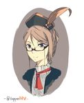  brown_hair closed_mouth feathers glasses guildmarm_(monster_hunter) hat highres looking_at_viewer monster_hunter monster_hunter_4_g necktie non-web_source portrait semi-rimless_eyewear short_hair smile solo upper_body 