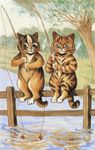  ambiguous_gender brown_fur cat cigar duo feline fishing fishing_rod fur grass holding license_info louis_wain mammal nude outside public_domain semi-anthro signature sitting smile smoking striped_fur stripes traditional_media_(artwork) tree water whiskers 