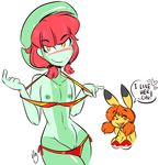  2015 4_fingers anthro bikini blush cleavage clothed clothing dialogue duo female flat_chested freckles futa&#039;chu gina_(pcaduck) hair lombre nintendo nipples orange_hair pcaduck pikachu pok&eacute;mon pussy red_hair simple_background smile solo_focus speech_bubble swimsuit undressing video_games white_background 