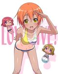  bikini chibi clothes_writing hoshizora_rin k10k koizumi_hanayo leaning_forward love_live! love_live!_school_idol_project multiple_girls nishikino_maki one-piece_tan orange_hair salute short_hair striped striped_bikini swimsuit tan tanline wavy_mouth yellow_eyes 