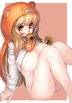  absurdres ass blonde_hair blush breasts brown_eyes cracker doma_umaru eating fengmo food food_in_mouth food_on_face highres himouto!_umaru-chan large_breasts long_hair long_sleeves nude shirt_lift solo 