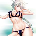  asymmetrical_hair bare_shoulders bra braid breasts colored_eyelashes cupless_bra from_below hair_ornament hoshiyuki_aruru kantai_collection large_breasts long_hair looking_at_viewer lowres midriff parted_lips pose revealing_clothes silver_hair single_braid solo underwear unryuu_(kantai_collection) very_long_hair yellow_eyes 