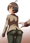  ahoge ass black_hair blazer hands jacket kobayashi_yoshio looking_back pants ranpo_kitan short_hair shungikuten solo_focus thigh_gap tight tight_pants yellow_eyes 