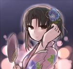  black_hair blush flower hair_flower hair_ornament japanese_clothes kara_no_kyoukai kimono looking_at_viewer ohitashi_netsurou ryougi_shiki short_hair smile solo 