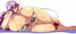  1girl animal_ears barefoot blush breasts cow_ears cow_tail curvy female gigantic_breasts green_eyes hikkin_(pixiv) kuhdelka_charolais long_hair lying matsumoto_katsuya on_side original purple_hair ribbon solo tail thick_thighs thighs 