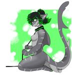  anthro breasts collar ear_piercing fangs featureless_breasts female fish green_hair grey_skin hair invalid_tag kneeling leash marine multicolored_hair nude piercing sapphynhoa shark sharp_teeth stripes teeth two_tone_hair 