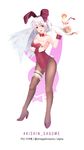  animal_ears artist_name blush brown_legwear bunny_ears bunny_tail bunnysuit character_name detached_collar fake_animal_ears full-face_blush full_body high_heels kishin_sagume leg_garter looking_at_viewer open_mouth pantyhose red_eyes ribbon septet_(zrca_janne) short_hair silver_hair single_wing solo tail touhou tray twitter_username white_background wings wrist_cuffs 