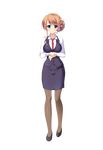  1girl ameto_yuki blush brown_hair brown_legwear collar female full_body green_eyes hair_ornament hooksoft long_hair looking_at_viewer makihara_shiho_(pure_x_connect) necktie office_lady official_art pantyhose pure_x_connect shiny_skin shirt smee solo standing straight_hair transparent_background transparent_png 