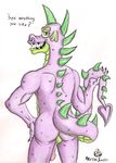  2015 aged_up animal_genitalia anthro balls barely_visible_genitalia butt claws cock_sheath dialogue dragon english_text erection fangs friendship_is_magic green_eyes green_scales grin hand_on_hip looking_at_viewer male metalsmile multicolored_scales muscular my_little_pony nude open_mouth penis pinup pose presenting presenting_hindquarters purple_scales reptile scales scalie sharp_teeth sheath simple_background smile solo solo_focus spade spike_(mlp) spikes spines standing teeth text traditional_media_(artwork) two_tone_scales watercolor_(artwork) white_background 
