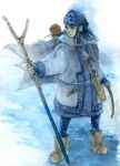  ainu ainu_clothes asirpa bandana blue_eyes boots bow_(weapon) cape child earrings fur_boots fur_cape golden_kamuy highres holding holding_weapon hoop_earrings ito_kiko jewelry long_hair solo weapon 