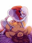  bed biting_lip bone breasts brown_hair chubby clothed clothing cum cupcakedrawings eyes_closed female frisk hair legwear male male/female papyrus_(undertale) pussy simple_background skeleton skull socks undertale vaginal white_background 
