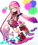  bad_id bad_pixiv_id bike_shorts bomb boots collared_shirt commentary domino_mask dutch_angle green_eyes gun highres holding ink_tank_(splatoon) inkling long_hair looking_to_the_side mask n-zap_(splatoon) paint_splatter pink_hair plaid plaid_shirt pointy_ears shirt single_vertical_stripe solo splat_bomb_(splatoon) splatoon_(series) splatoon_1 standing tentacle_hair thi_fure walking weapon 