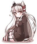  amatsukaze_(kantai_collection) blush garter_straps kantai_collection long_hair looking_at_viewer ohitashi_netsurou silver_hair simple_background solo striped striped_legwear thighhighs very_long_hair white_background 