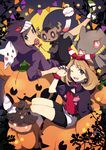  1girl alternate_costume banette bike_shorts blue_eyes brown_hair chimecho cloak cosplay crescent_moon gen_1_pokemon gen_3_pokemon gen_6_pokemon gengar gengar_(cosplay) ghost_costume hair_ribbon halloween halloween_costume haruka_(pokemon) jack-o'-lantern looking_at_viewer moon nail_polish night niimura_(csnel) one_eye_closed outdoors phantump pikachu_(cameo) pokemon pokemon_(creature) pokemon_(game) pokemon_oras pumpkaboo pumpkin ribbon short_hair short_shorts shorts yuuki_(pokemon) 