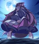  brooch brown_hair fang_out fingernails from_below full_moon furry glowing glowing_eyes imaizumi_kagerou jewelry long_hair long_sleeves looking_at_viewer moon night night_sky red_eyes sky solo standing tail tamahana touhou very_long_hair werewolf wide_sleeves wolf_ears wolf_tail 