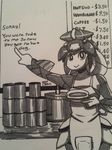  apron english_text female fish food greyscale hot_dog looking_at_viewer marine melon-con-carne minette monochrome noseless plate pointing skullgirls smile solo text 