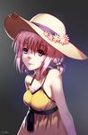  arms_behind_back bare_shoulders dress hair_bobbles hair_ornament hat light_smile looking_at_viewer minhoo original pink_eyes pink_hair short_hair solo straw_hat 