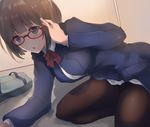  adjusting_eyewear bag black_legwear bow brown_hair dyson_(edaokunnsaikouya) glasses idolmaster idolmaster_cinderella_girls long_sleeves maekawa_miku pantyhose red-framed_eyewear school_uniform short_hair solo sweatdrop 