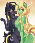  anthro areola black_skin blonde_hair breasts butt clitoris cutie_mark duo equine fan_character female female/female freedomthai green_background green_skin hair half-closed_eyes horn horse looking_at_viewer mammal multicolored_hair my_little_pony navel necklace nipples nude open_mouth pony pussy simple_background smile tongue two_tone_hair 