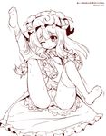  betei changing_clothes crescent crescent_hair_ornament hair_ornament hat long_hair mob_cap monochrome one_eye_closed panties patchouli_knowledge solo sweat thighhighs touhou underwear undone 