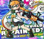  1girl bike_shorts blush boots copyright_name digital_media_player domino_mask emblem english gotthi green_eyes gun headphones highres holding ink_tank_(splatoon) inkling keychain long_hair looking_to_the_side mask octopus orange_hair paint_splatter pointy_ears shirt single_vertical_stripe smile solo splatoon_(series) splatoon_1 squid standing t-shirt tentacle_hair weapon white_shirt 