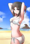  arms_up beach bikini black_hair blush breasts day kara_no_kyoukai looking_at_viewer medium_breasts mouth_hold ohitashi_netsurou ryougi_shiki short_hair side-tie_bikini sketch solo swimsuit white_bikini 