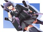  black_legwear breasts collarbone eyepatch gloves hand_on_own_head headgear highres iga_tomoteru kantai_collection large_breasts looking_at_viewer necktie open_mouth partly_fingerless_gloves purple_hair school_uniform short_hair solo sword tenryuu_(kantai_collection) thighhighs weapon yellow_eyes 