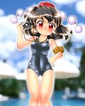  black_hair blush breasts camera hand_on_hip hat medium_breasts one-piece_swimsuit red_eyes school_swimsuit shameimaru_aya shiny shiny_clothes shiny_skin smile solo swimsuit tokin_hat touhou winn 