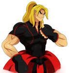  1boy biceps blonde_hair dougi eric_lowery fingerless_gloves gloves hair_up high_ponytail ken_masters muscle smile street_fighter street_fighter_v thick_eyebrows upper_body 